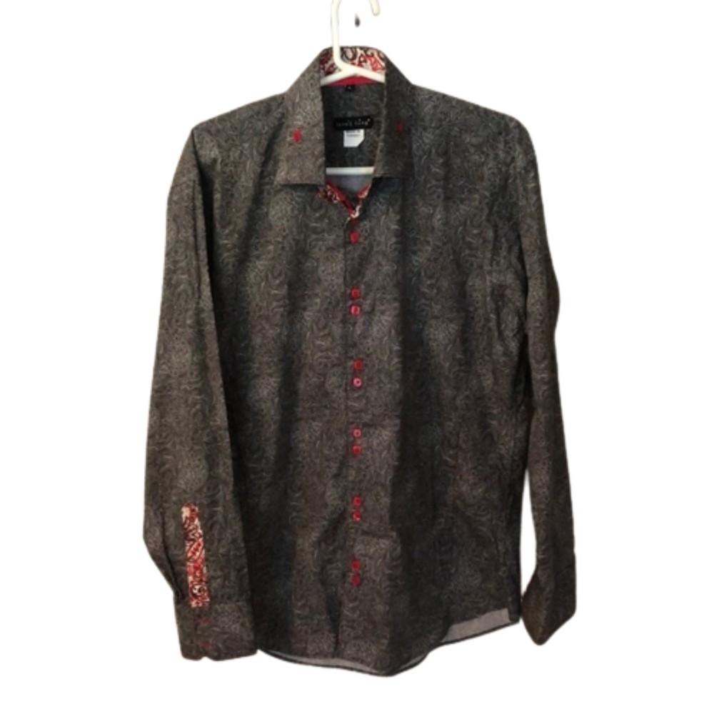 JARED LANG SIZE LARGE BLACK PRINT LONG SLEEVE RED BUTTON SHIRT RED PRINTED CUFFS